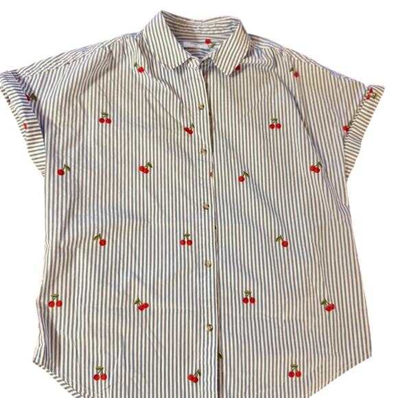 Embroidered Cherry Stripe Button Down Shirt Women's Medium Fruitcore Coquette - Picture 2 of 16